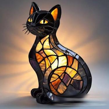 Imagem de Yevheniy Lâmpada de gato, série de gatos, luz noturna artística 3D, decoração de casa vintage para animais de estimação, decoração de casa retrô de resina manchada, luz noturna LED, presente divertido