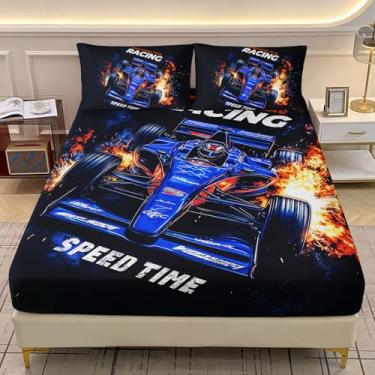 Imagem de AILONEN Jogo de cama de carro de fórmula azul, infantil, solteiro, GG, com rodas de alta velocidade, esportes radicais, carro de corrida legal, lençol com elástico com 2 fronhas, 3 peças