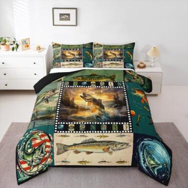 Imagem de Feelyou Conjunto de edredom de peixe lúcio, tamanho casal, robalo, peixe grande, para crianças, meninos, meninas, conjunto de edredom respirável, macio, leve, de microfibra, pescador, homem, decoração