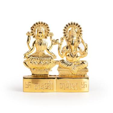 Imagem de Tarini Gallery Metal Pooja Escultura Espiritual Decoração Indiana Estátua Antiga para Casa Templo Carro Painel Decoração e Presente (Golden Lakshmi Ganesh)