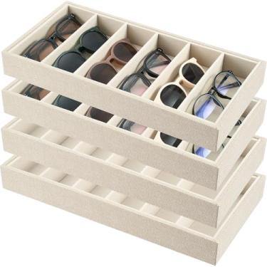 Imagem de Juexica Bandeja organizadora de óculos de sol de veludo, 4 peças, organizador de óculos de sol, 6 grades, bandeja de veludo, estojo de exibição de óculos empilhável para mulheres, óculos, joias e
