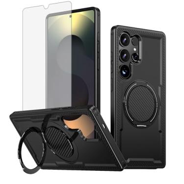 Imagem de Furill Capa de celular para Samsung Galaxy S25 Ultra 5G com protetor de tela de vidro temperado Slim Magnetic Rugged Stand Ring Holder Capa protetora para celular S25Ultra 25S S 25 25Ultra 6.9 2025