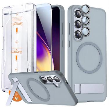 Imagem de QSEVNSQ Capa para Samsung Galaxy S24 Ultra com suporte, capa magnética para Magsafe com [protetor de tela de vidro temperado + protetor de câmera] Capa fosca translúcida cinza