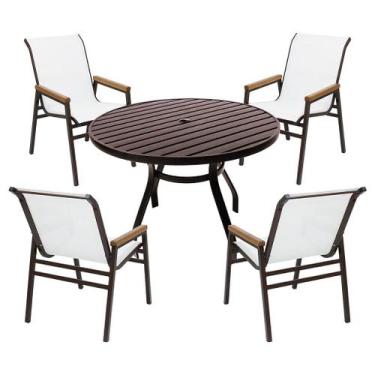 Imagem de Jogo de Mesa 90cm Ripada 4 Cadeiras Praia Aluminio de Jantar Piscina J