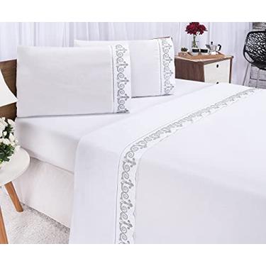 Imagem de Jogo de Lençol Bordado para Cama Casal Queen Percal 400 Fios Toque de Algodão 4 peças (ATENAS BRANCO COM CINZA)