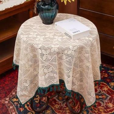 Imagem de Wuluwala Toalha de mesa quadrada pequena vintage de crochê com borlas, toalha de mesa estilo francês, pequena toalha de mesa de renda para casamento, chá de bebê, festa, decoração de casa, 56 x 56 cm