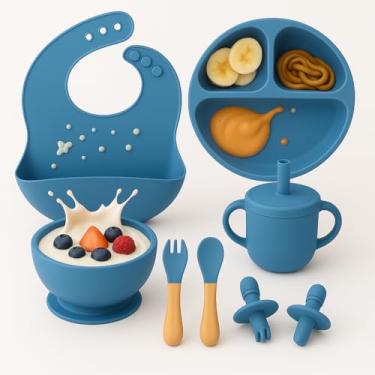 Imagem de Kit de Alimentação Infantil 8 Peças em Silicone, Prato com Divisórias, Copo com Bico, Talheres, Tigela e Babador, Azul (Azul Bebê)