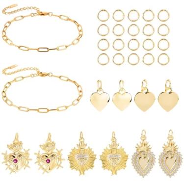 Imagem de Beebeecraft 32 peças, kit de fabricação de pulseiras, 2 peças, clipe de papel, corrente com extensor, 10 peças, pingentes de coração de amor, 20 anéis de salto para fazer joias, artesanato faça você