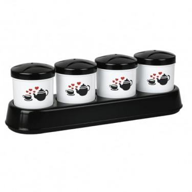 Imagem de Conjunto 4 Potes Porta Temperos com Suporte – Tampa Preta, Estampa Decorada, Plástico Resistente, Ideal para Condimentos e Cozinha Organizada