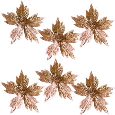 Imagem de Kit 6 Flores Poinsettias Champagne Enfeites Natalinos Pendente Para Arvore De Natal Guirlanda Mesa Posta Decoração Luxo Flor Poinsettia Com Haste Enfeite Decorativo Premium Champanhe Luxo