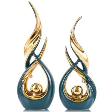 Imagem de XMGZQ Conjunto de estátua abstrata de cerâmica dourada de 2 peças, decoração de casa de arte abstrata moderna de meados do século em decoração de prateleira exclusiva, divisória de armário de TV e