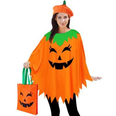Imagem de Fantasia de abóbora CONGRU para mulheres com poncho de abóbora, boina 