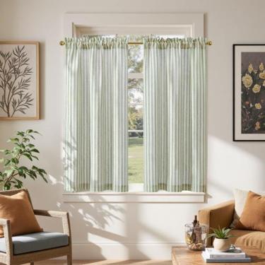 Imagem de Cortinas: cozinha de linho, 15 cm de comprimento, listradas, 2 painéis