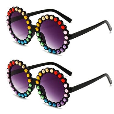 Imagem de Creamily Óculos de sol para bebês redondos com strass diamante brilhante óculos de aviador para meninas e crianças, E-2 Armação prata lente prata + lentes pretas emolduradas douradas, 55cm