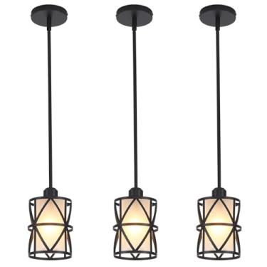 Imagem de Pacote com 3 lâmpadas pendentes de ilha de cozinha, luz suspensa de haste de haste com persiana de vidro fosco de gaiola espiral, lâmpada de suspensão interna moderna preta