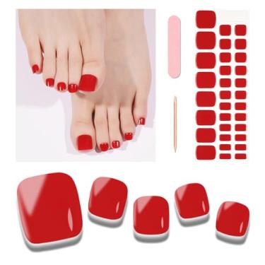 Imagem de Wekcekcek Tiras de unhas de gel semicuradas, 32 adesivos de unha de gel vermelho elétrico - Funciona com qualquer lâmpada UV tiras de pedicure envoltório completo com lixa de unha e bastão de madeira