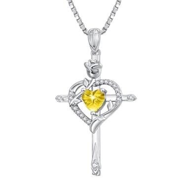 Imagem de CupidGift Colar de cruz para mulheres, banhado a ouro 14 K, banhado a ouro 18K, delicado coração, pedra do mês de nascimento, rosa, joias diárias, batismo, fé, aniversário, Natal, presentes de