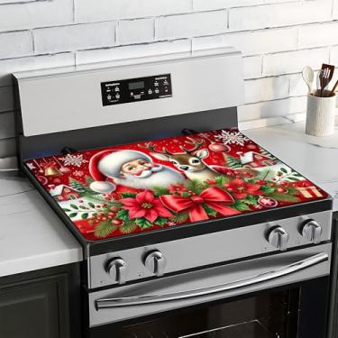 Imagem de BVBOX Capa superior de fogão de Natal para fogão elétrico 71 x 50 cm, capas de vidro para fogão a gás, tapete protetor de fogão decorativo lavável para cozinha doméstica (alce de Papai Noel, 71 x 50