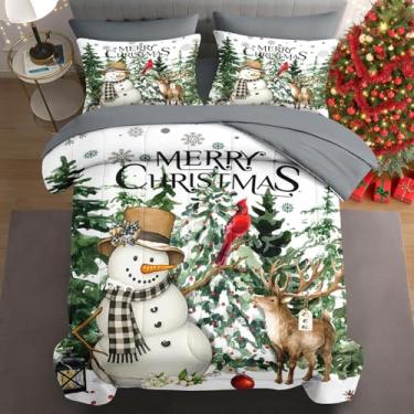 Imagem de WeCozy Conjunto de edredom de Natal King Size com 2 fronhas e 2 fronhas, boneco de neve de desenho engraçado para crianças e adultos, cama de rena fofa em uma bolsa com lençol de cima
