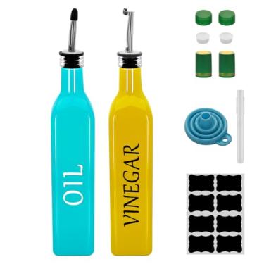 Imagem de Garrafa dispensadora de azeite, 2 peças de 500 ml de vidro de 500 ml, conjunto de dispensador de vinagre com 2 dosadores de aço inoxidável, 8 etiquetas, garrafas de vinagre de funil para cozinha (óleo