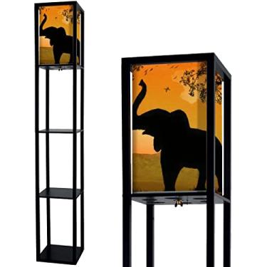 Imagem de JITHCG Silhueta vista de elefante ao pôr do sol lâmpada de pé com prateleiras abajur de tecido de linho abajur alto lâmpada de canto lâmpada de cabeceira para sala de estar quarto decoração estética