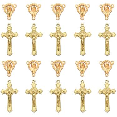 Imagem de Jiali Q 60 peças de suprimentos religiosos para fabricação de rosário, conectores de cruz dourada e peça central, 30 peças cada, crucifixo de 3 cm, centro de 0,73 polegadas (ouro)