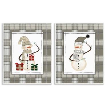 Imagem de Stupell Industries Conjunto de arte giclée emoldurado branco de 2 peças de bonecos de neve aconchegantes em xadrez, design de Cindy Jacobs, 20 x 16