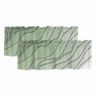 Imagem de Cortina de saia ombré verde sálvia para janelas Kithchen verde e cinza gradiente moderno abstrato geométrico cortina bolso de varão sanefas para quarto/sala de estar/banheiro, 2 painéis, 106 x 30 cm