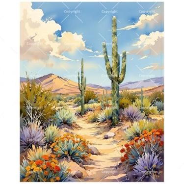 Imagem de Kit de pintura de paisagem por números para adultos – Trilha do deserto DIY com pintura de cactos e flores silvestres em tela 40,6 x 50,8 cm, conjunto de tinta acrílica, adequado para iniciantes, arte