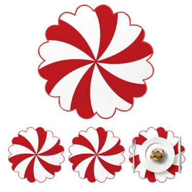 Imagem de Conjunto de 4 jogos americanos de Natal de 25,4 cm e linho de algodão recortado, bordados, doces, laváveis, vermelhos e brancos, para decoração de mesa de jantar de Natal