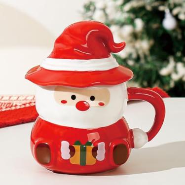 Imagem de Copo de Natal de cerâmica, caneca de Papai Noel coberta de 590 ml, copo de presente divertido para férias, adequado para leite, café, chá, chocolate quente (B)