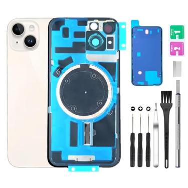 Imagem de Substituição de vidro da tampa traseira traseira para iPhone 14 + lente da câmera + ímã + suporte de peça de ferro com kit de ferramentas de reparo (branco)