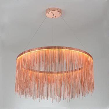 Imagem de Pendente de LED redondo com borla, lustre moderno de tambor de corrente, luminária de teto decorativa de luxo para sala de estar, hotel, quarto, sala de jantar, ouro rosa + luz neutra - 40 c