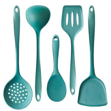Imagem de Conjunto de utensílios de cozinha de silicone, espátulas grandes e sólidas, antiaderentes, ideais para fritar, misturar, servir, escorrer, girar, mexer, 5 peças, verde escuro