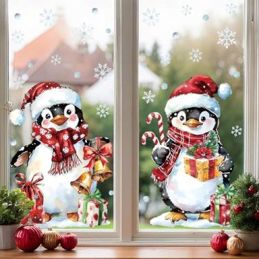 Imagem de Decorações de Natal para janela, 2 folhas, extra grande, pinguim, adesivos, retro, pinguim, floco de neve, decalques de inverno reutilizáveis, para Natal, férias, casa, escola, escritório, sala de
