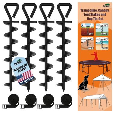 Imagem de Eurmax Estacas de trampolim dos EUA, peças de trampolim resistentes, kit de âncora de aço para trampolim, âncora de dossel para cães, conjunto de 4 bônus, 4 cintos fortes (preto)