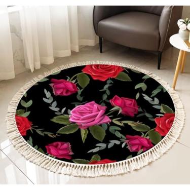 Imagem de ENIGMEX Tapete redondo com franja vermelha rosa sem costura padrão boho tapete de linho tecido à mão pátio corredor tapete decoração de casa sala de estar mesa de banheiro, 9 m