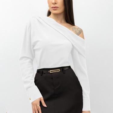 Imagem de Blusa Blusinha Feminina Ombro Só Manga Longa Plissado Elegante Moderna
