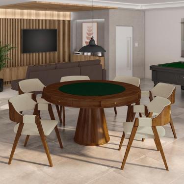 Imagem de Conjunto Mesa de Jogos Carteado Bellagio Tampo Reversível Verde e 6 Cadeiras Madeira Poker Base Cone Linho OffWhite/Imbuia G42 - Gran Belo