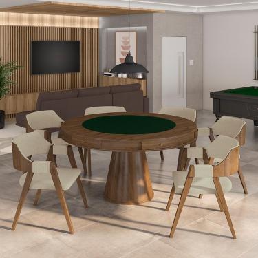 Imagem de Conjunto Mesa de Jogos Carteado Bellagio Tampo Reversível Verde e 6 Cadeiras Madeira Poker Base Cone Linho OffWhite/Nogueira G42 - Gran Belo