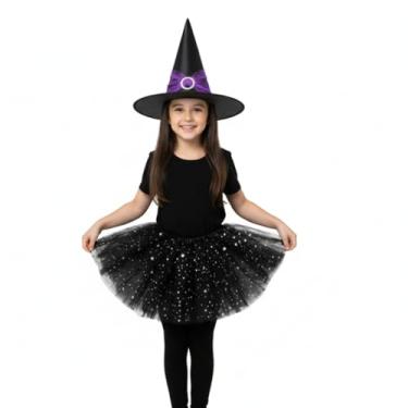 Imagem de Fantasia Infantil Halloween Saia com Gliter+ Chapeu de bruxa (Preto, Infantil)