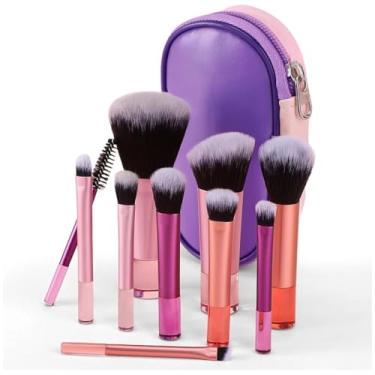 Imagem de Kit 10 Pincéis De Maquiagem Com Estojo Para Viagem – Cerdas Macias, Travel Size, Necessaire inclusa, Mini Pincéis Para Base, Blush, Pó, Sombras e Corretivo, Portátil e Multifuncional - Cores Variadas
