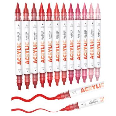 Imagem de Guangna 12 marcadores vermelhos de tinta acrílica, ponta de pincel e ponta de cinzel, canetas de tinta acrílica para pedra, madeira, vidro, papel, livro de colorir, cerâmica, tela, tinta à base de