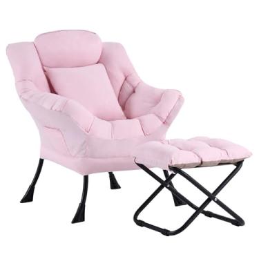Imagem de YOTATING Cadeira preguiçosa com otomano, cadeira de sofá de lazer com destaque moderno com apoio para os pés e travesseiro, espreguiçadeira moderna com apoios de braços para sala de estar, rosa