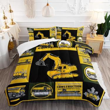 Imagem de AILONEN Conjunto de edredom infantil casal, escavadeira, veículos de construção, decoração de quarto de meninos, meninas, equipamentos, caminhões, 3 peças, 1 colcha e 2 fronhas