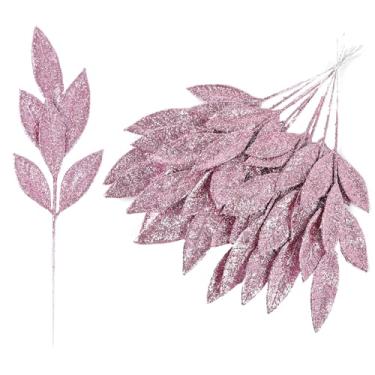 Imagem de DERAYEE 12 palhetas de spray de folhas com glitter rosa artificial, ramos florais falsos de 30,5 cm para árvore de Natal de inverno, faça você mesmo, enchimento de vaso de guirlanda, decoração de mesa