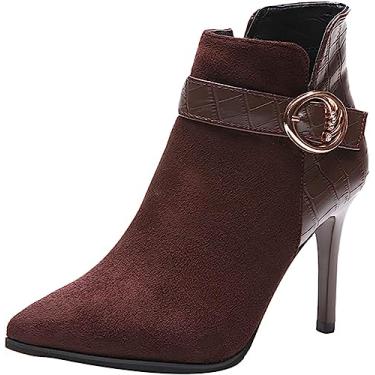Imagem de Botas femininas de salto alto até o tornozelo com zíper lateral bico fino botas de couro com fivela e alça fashion botas curtas, Café, 6.5