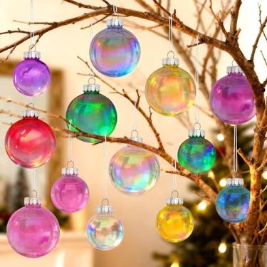 Imagem de Conjunto de enfeites de bolas de Natal, 20 peças de bolas decorativas iridescentes multicoloridas para decoração de árvores de Natal, enfeites plásticos transparentes e brilhantes para árvore de Natal