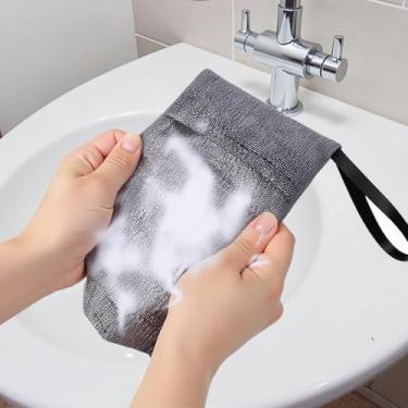 Imagem de Pacote com 2 sacos de sabão de nylon cinza, bolsas reutilizáveis de malha para banho e chuveiro, 12 x 19 cm, solução de armazenamento de sabão