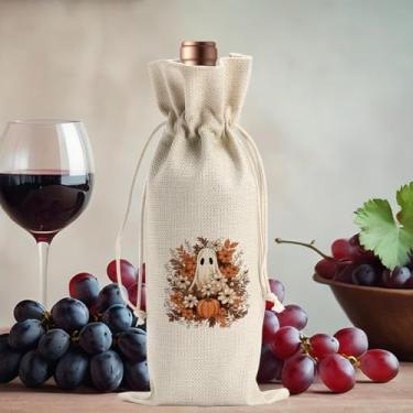 Imagem de Saco de vinho com flores de outono fantasma de Halloween, presente para amigos, colegas, família, homens, presentes para festas engraçadas, sacolas de vinho